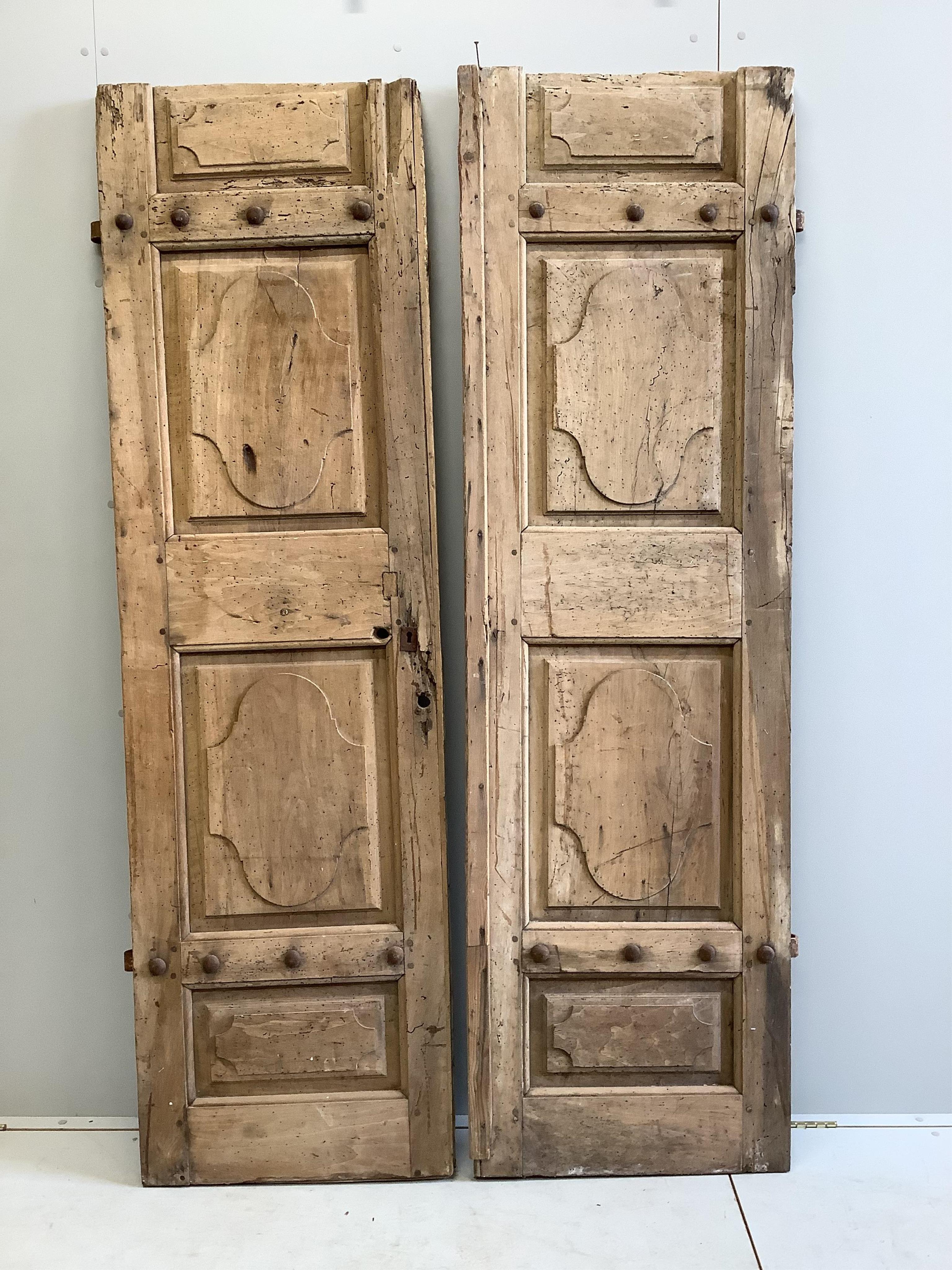 A pair of 19th century Continental fruitwood doors, with iron studwork decoration, each door width 62cm, height 213cm